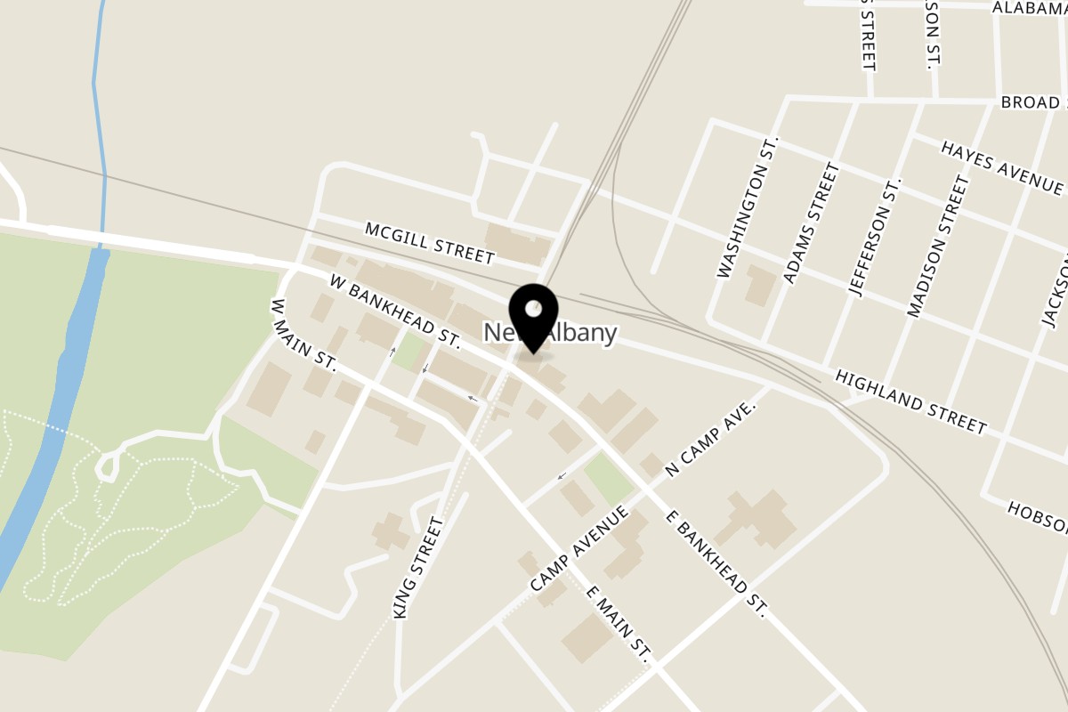 Map showing the location of Nico’s on 104 N Railroad Ave in New Albany